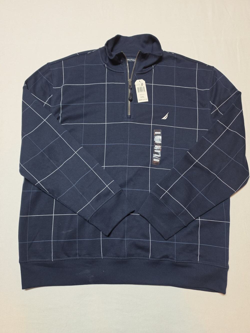 Nautica Men’s XXL Navy Windowpane Plaid Quarter-Zip Pullover Sweatshirt NWT